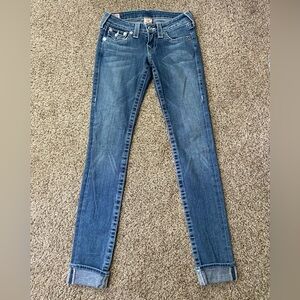 EUC! True Religion skinny dark wash w/rhinestone button & on back pocket flaps.
